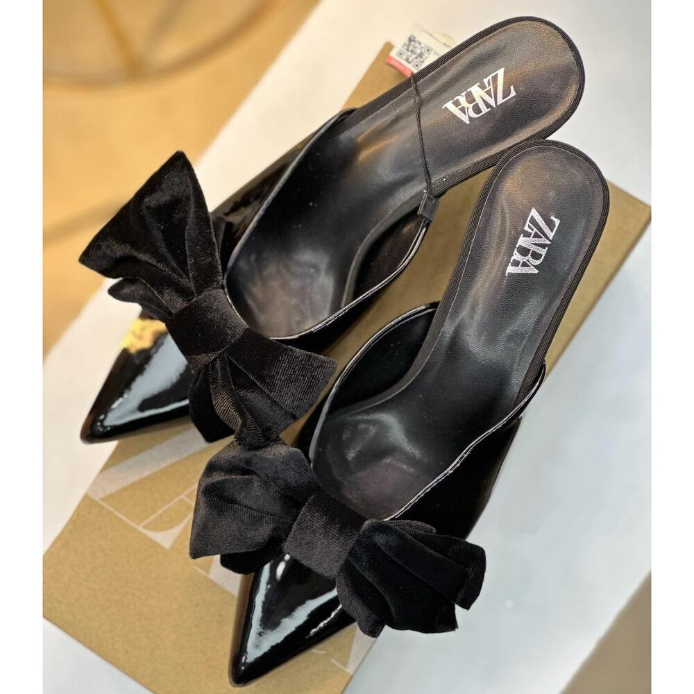 Zara Black Patent Bow Mule Heels NWT Pointed Toe Kitten Heel Slip On Size 6.5 - Picture 9 of 16
